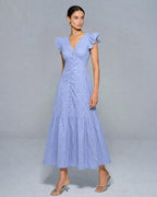 Textured Blue Maxi Dress with V-Neck and Button Details