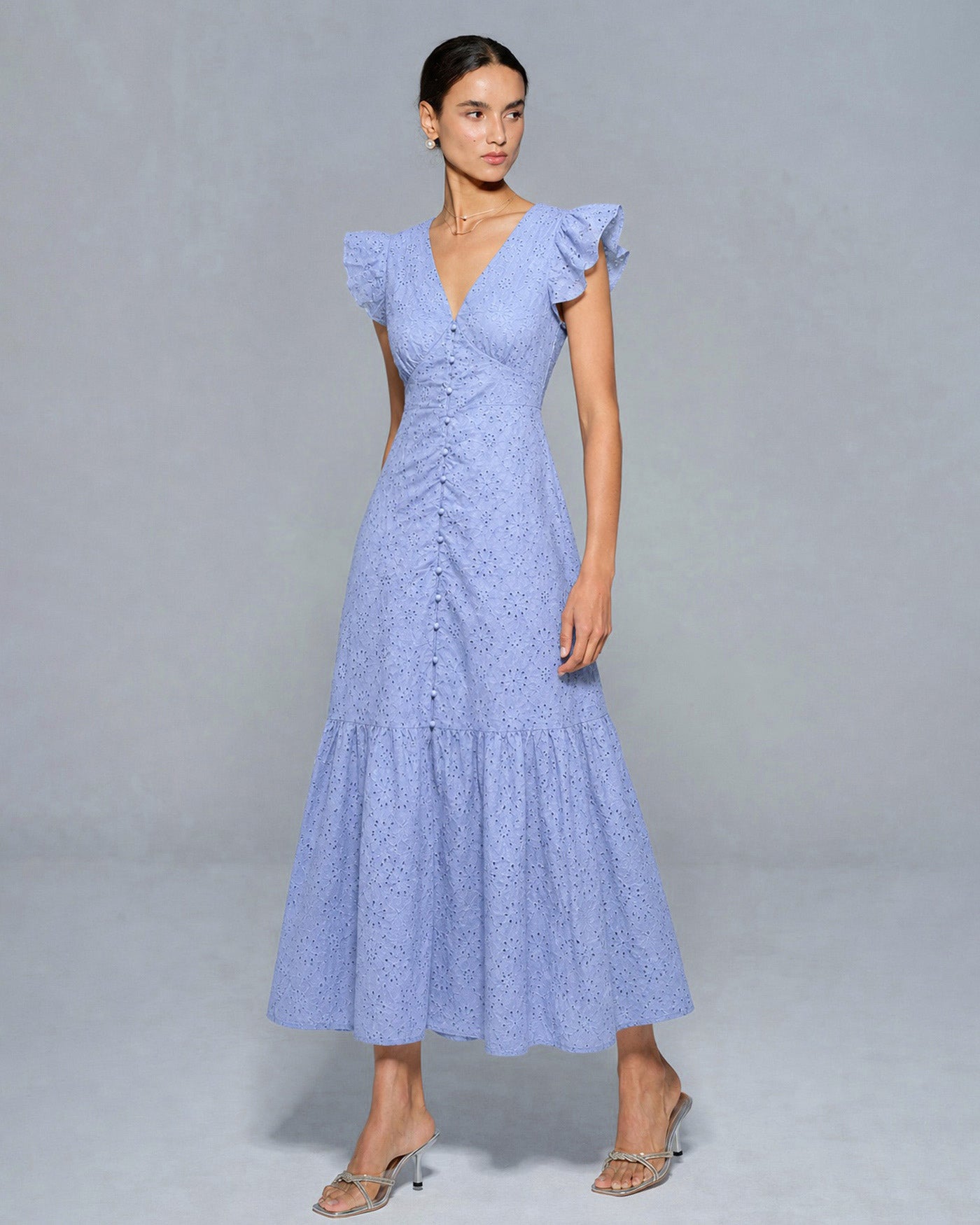 Textured Blue Maxi Dress with V-Neck and Button Details