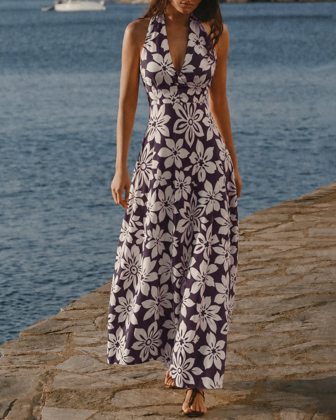 Floral Maxi Dress with Shirred Halter Neck in Coffee