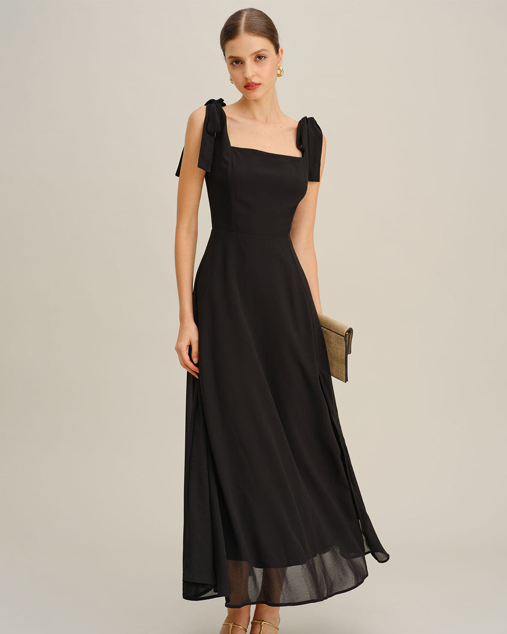 Maxi Dress with Tie Straps in Black Chiffon