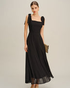 Maxi Dress with Tie Straps in Black Chiffon