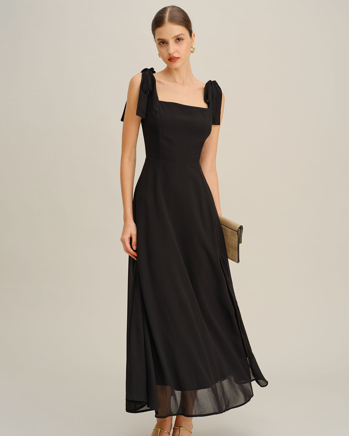 Maxi Dress with Tie Straps in Black Chiffon