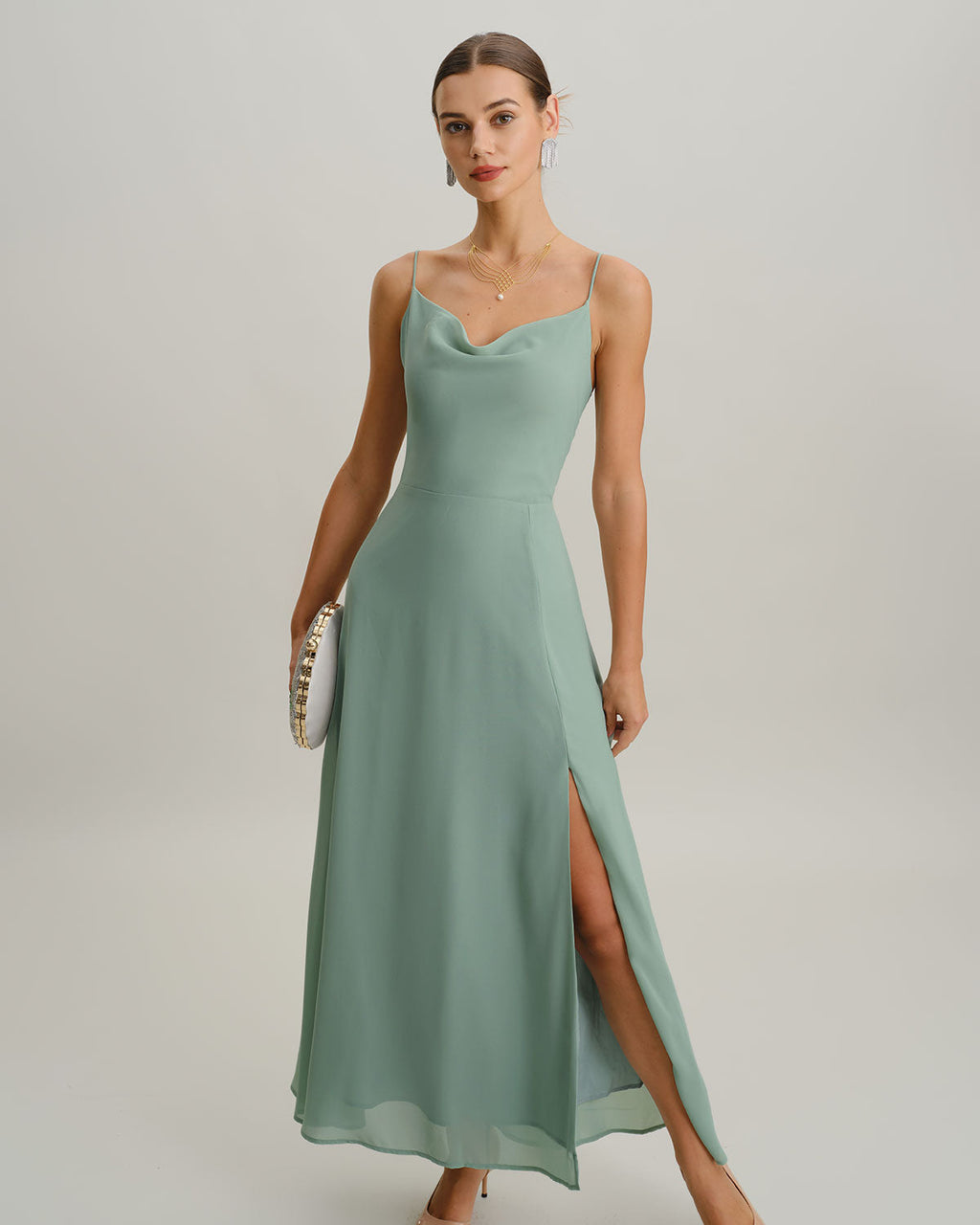 Backless Green A-Line Maxi Slip Dress
