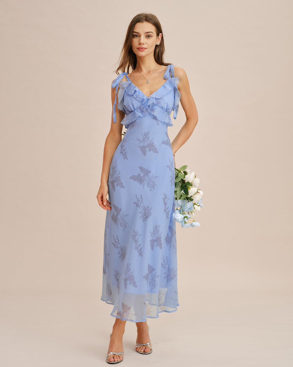 Maxi Dress with Blue Floral Print and Ruffled Tie Straps