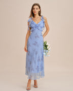 Maxi Dress with Blue Floral Print and Ruffled Tie Straps