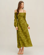 Floral Green A-Line Maxi Dress with Square Neck