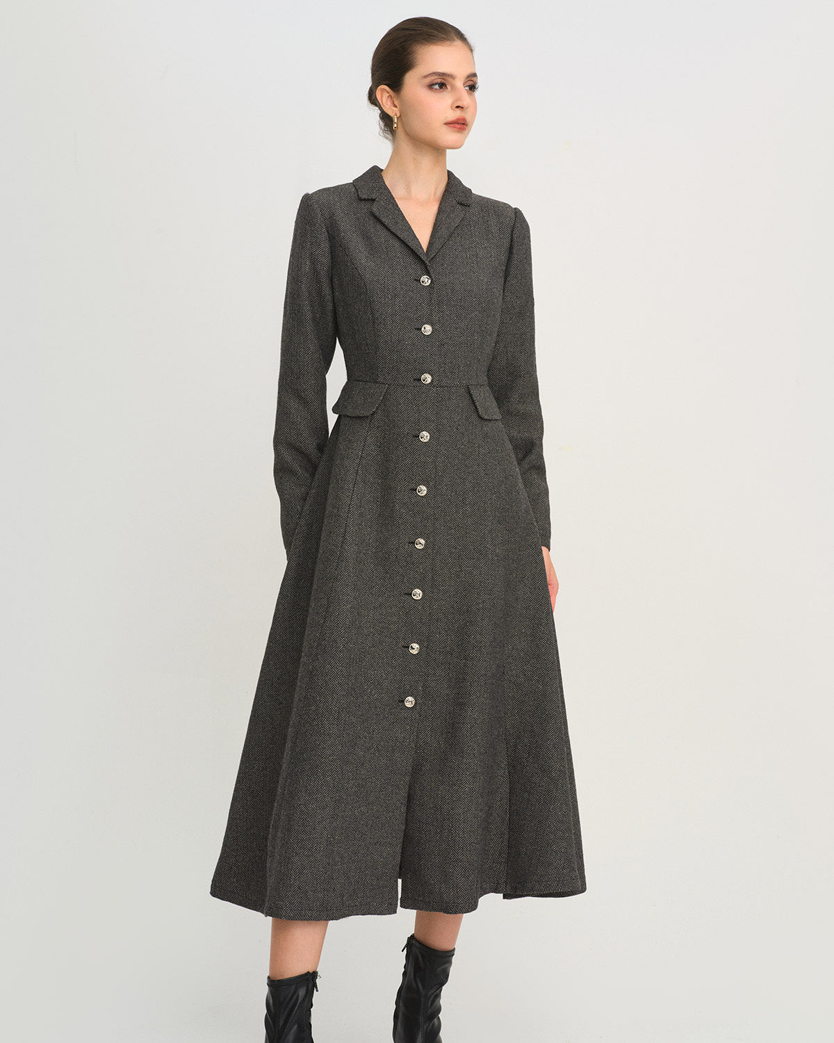 Maxi Dress in Grey with A-Line Silhouette and Button Details