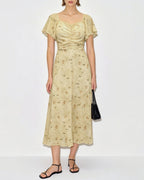 Floral Maxi Dress with V-Neck and Ruched Details in Yellow