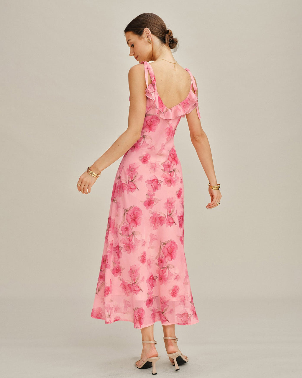 Chiffon Maxi Dress with Pink Floral Ruffles