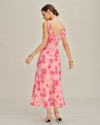 Chiffon Maxi Dress with Pink Floral Ruffles