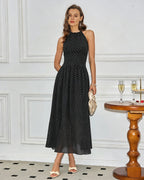 Polka Dot Maxi Dress with Black Halter Tie