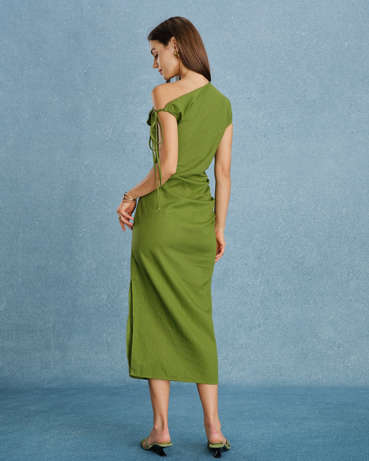 Emerald One-Shoulder Ruched Maxi Dress
