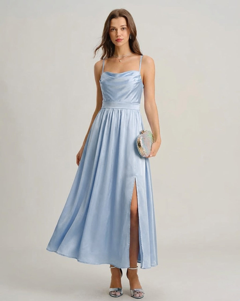 Ruched Maxi Dress in Blue Satin