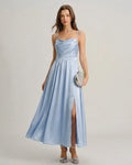 Ruched Maxi Dress in Blue Satin