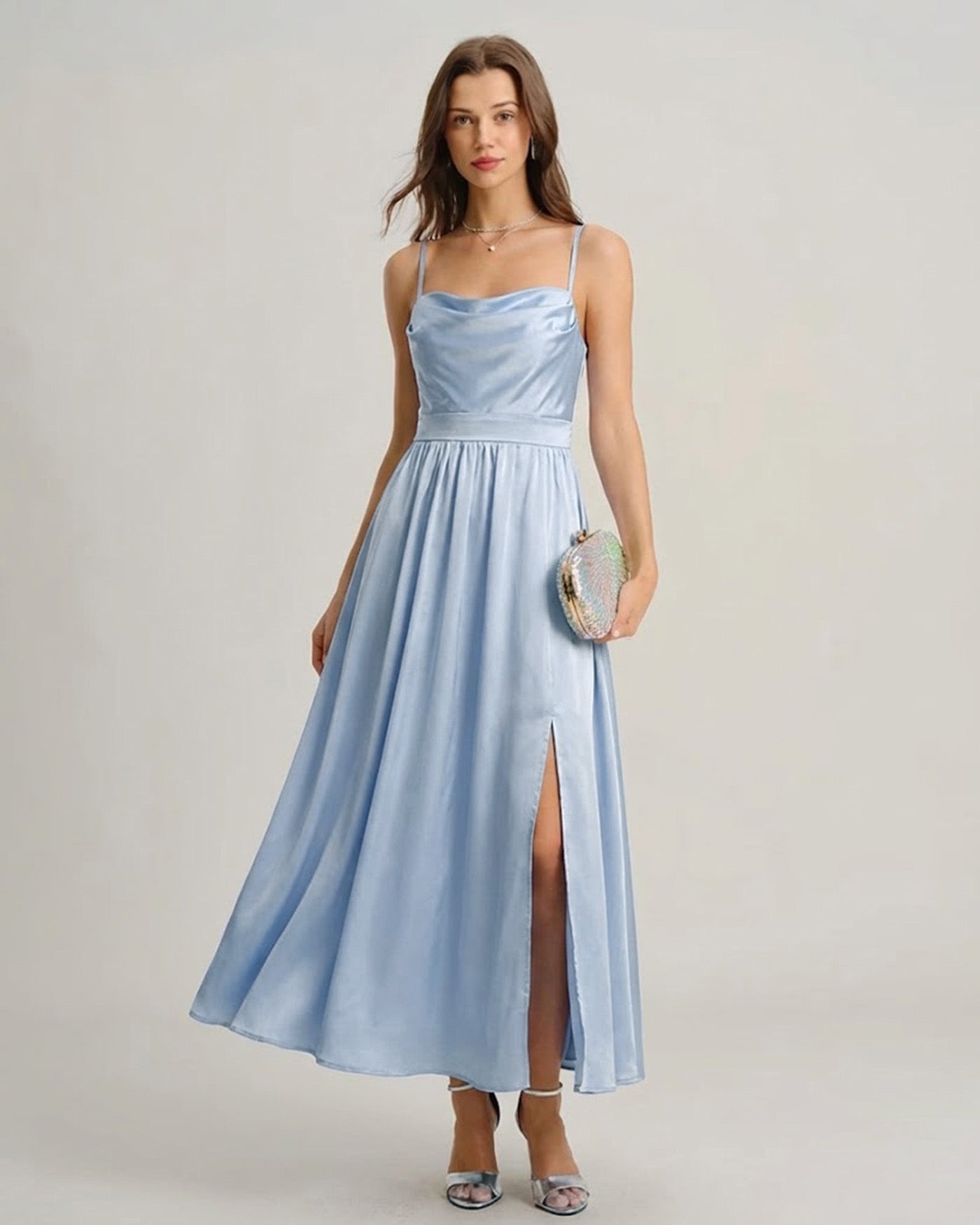 Ruched Maxi Dress in Blue Satin
