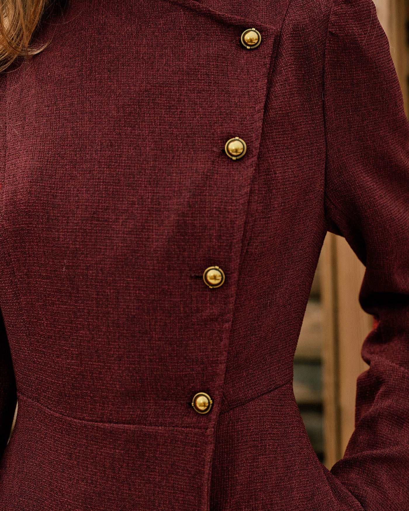 Wine Red Button-Up Maxi Dress with Mock Neck