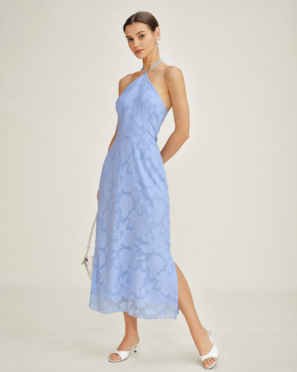 Blue Jacquard Halter Maxi Slip Dress