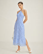 Blue Jacquard Halter Maxi Slip Dress