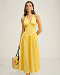 Textured Yellow Maxi Dress with Halter Cut-Out Design