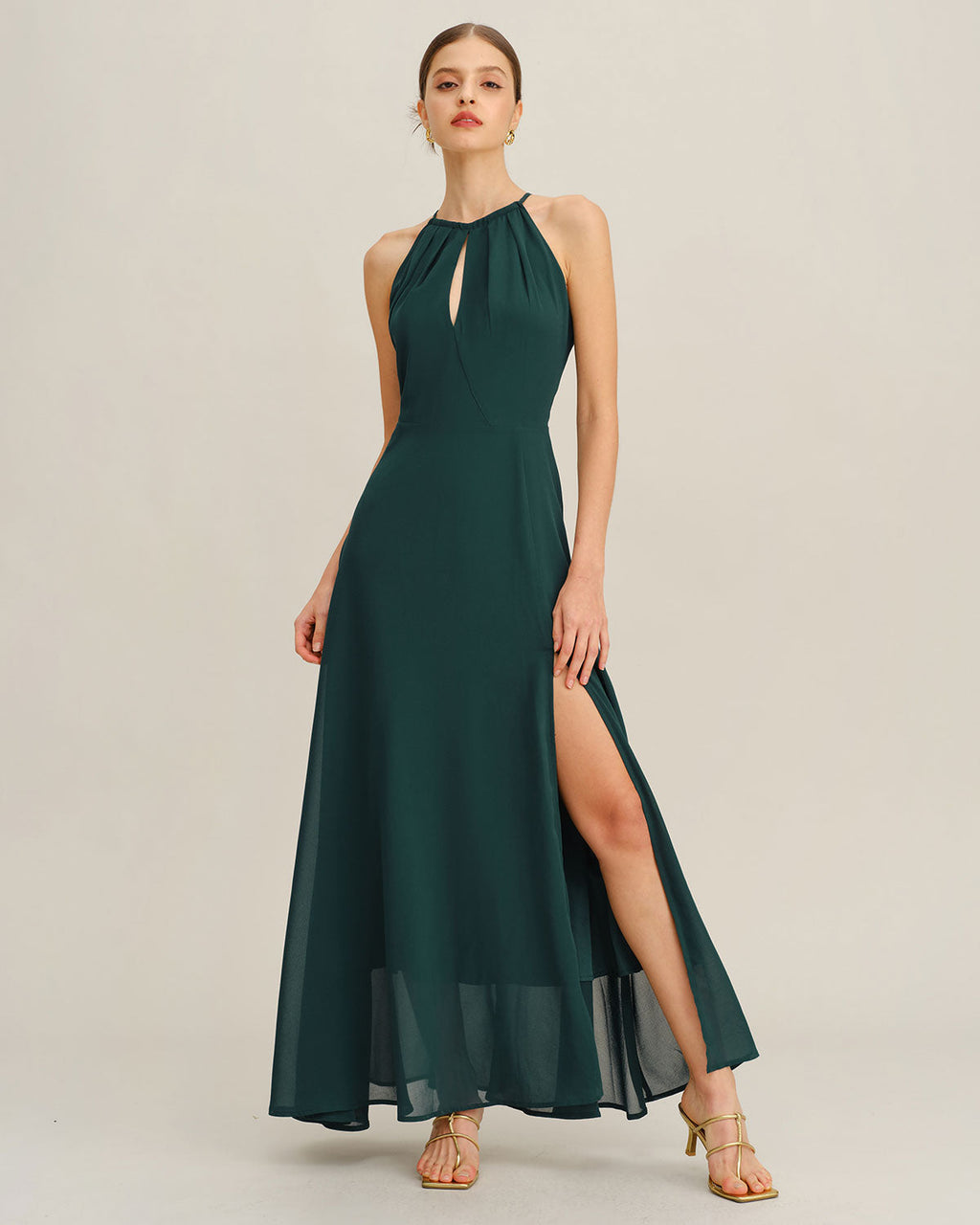 Emerald Chiffon Maxi Dress with Side Slit
