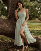 Maxi Dress with Ruffled V-Neck and Tie Detail in Green