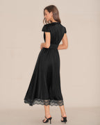 Maxi Dress with Black V-Neck and Lace Puffed Sleeves