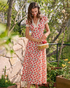 Floral Lace Maxi Dress with Red V-Neck
