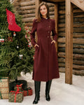 Wine Red Button-Up Maxi Dress with Mock Neck