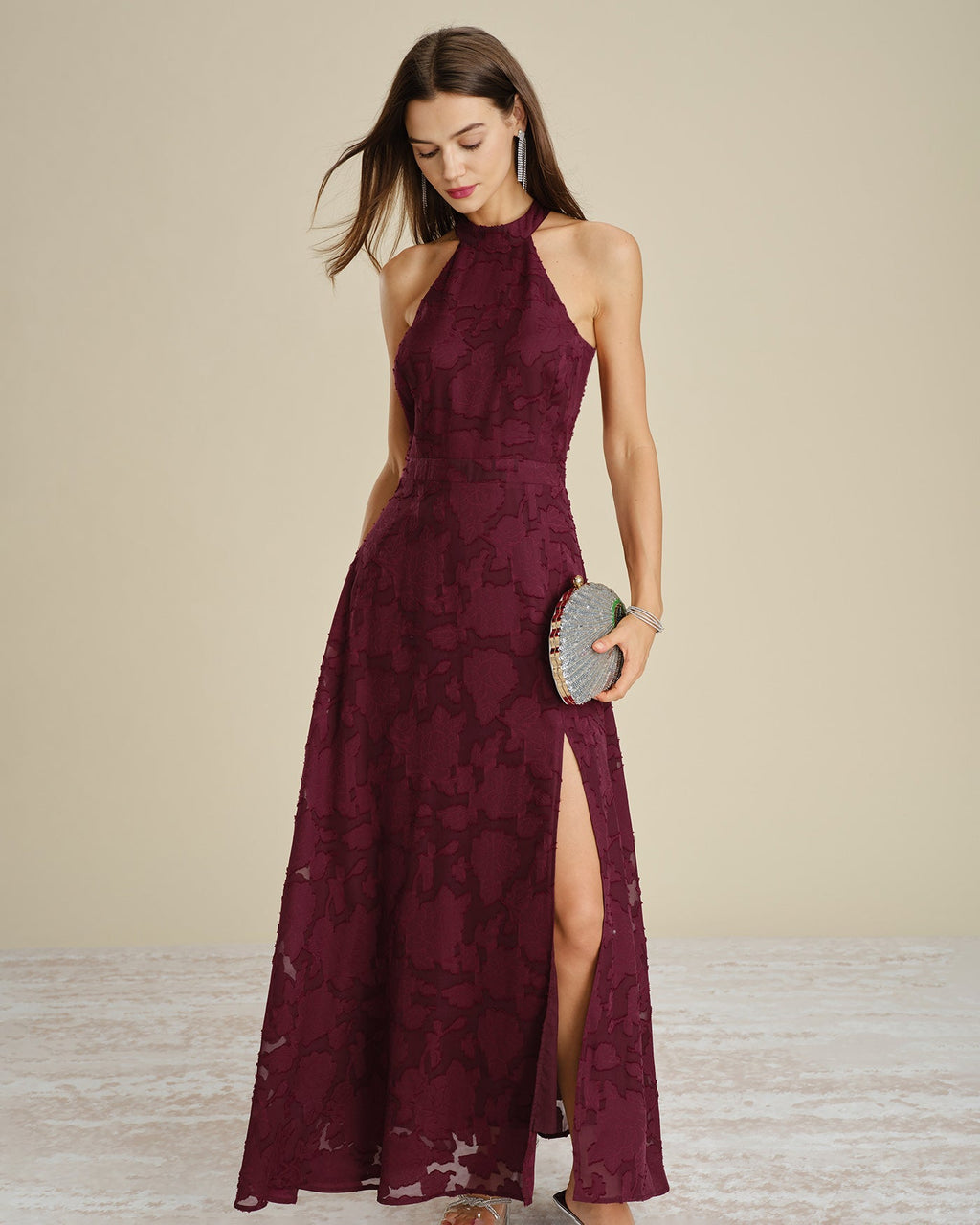 Wine Red Jacquard Maxi Dress with Mock Neck