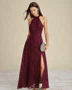 Wine Red Jacquard Maxi Dress with Mock Neck