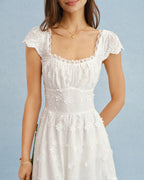 Maxi Dress with White Square Neck and Lace Floral Design