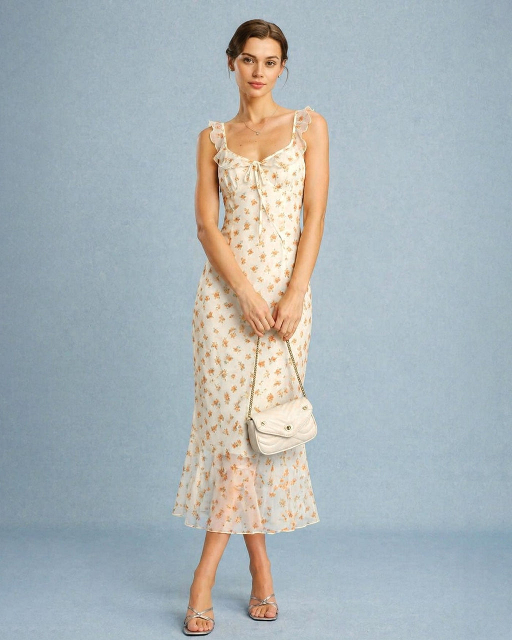 Maxi Dress with Apricot Floral Ruffles
