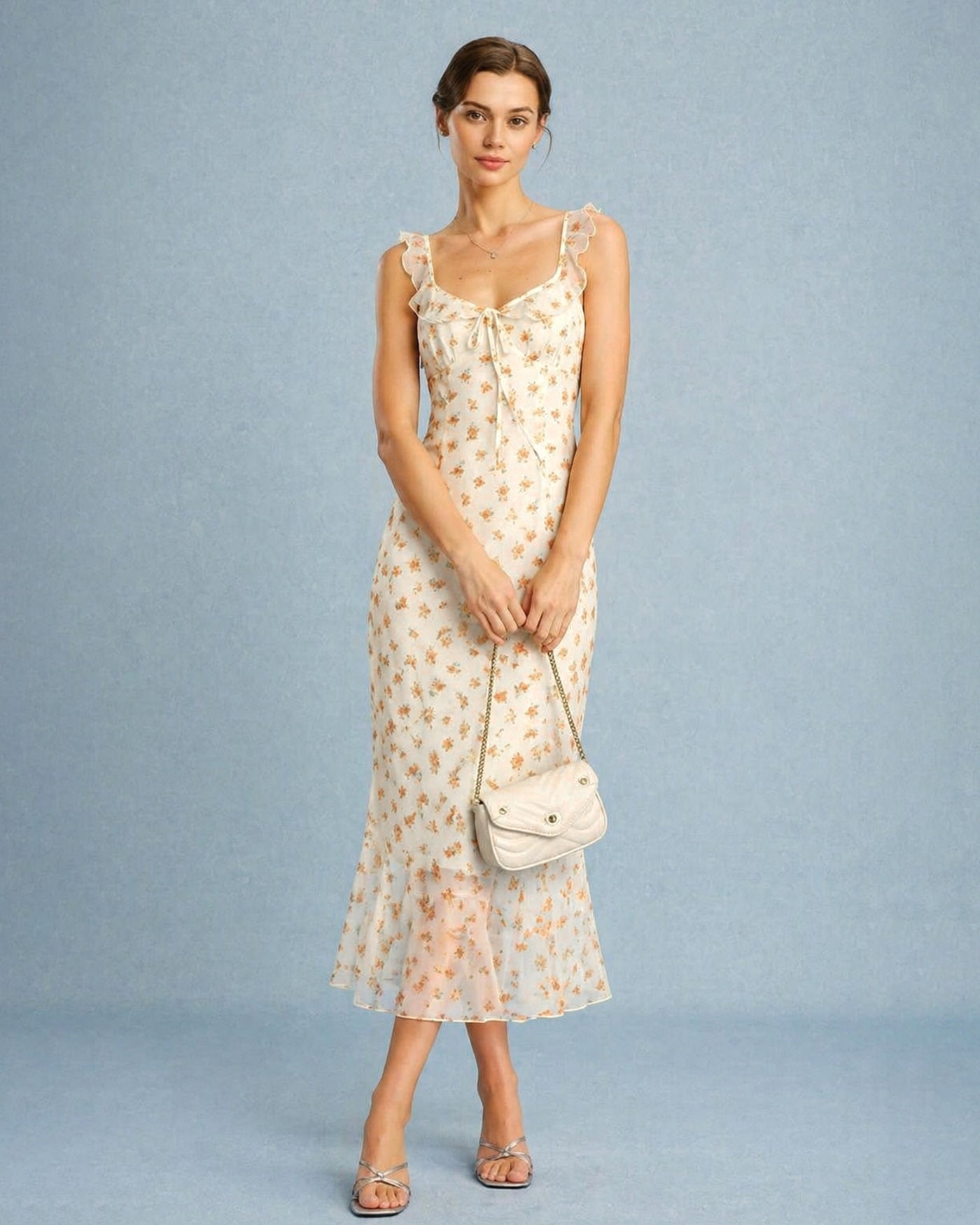 Maxi Dress with Apricot Floral Ruffles
