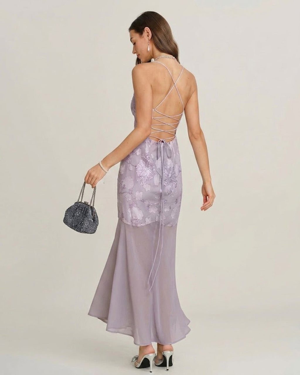 Jacquard Maxi Dress with Purple Sequin Detail