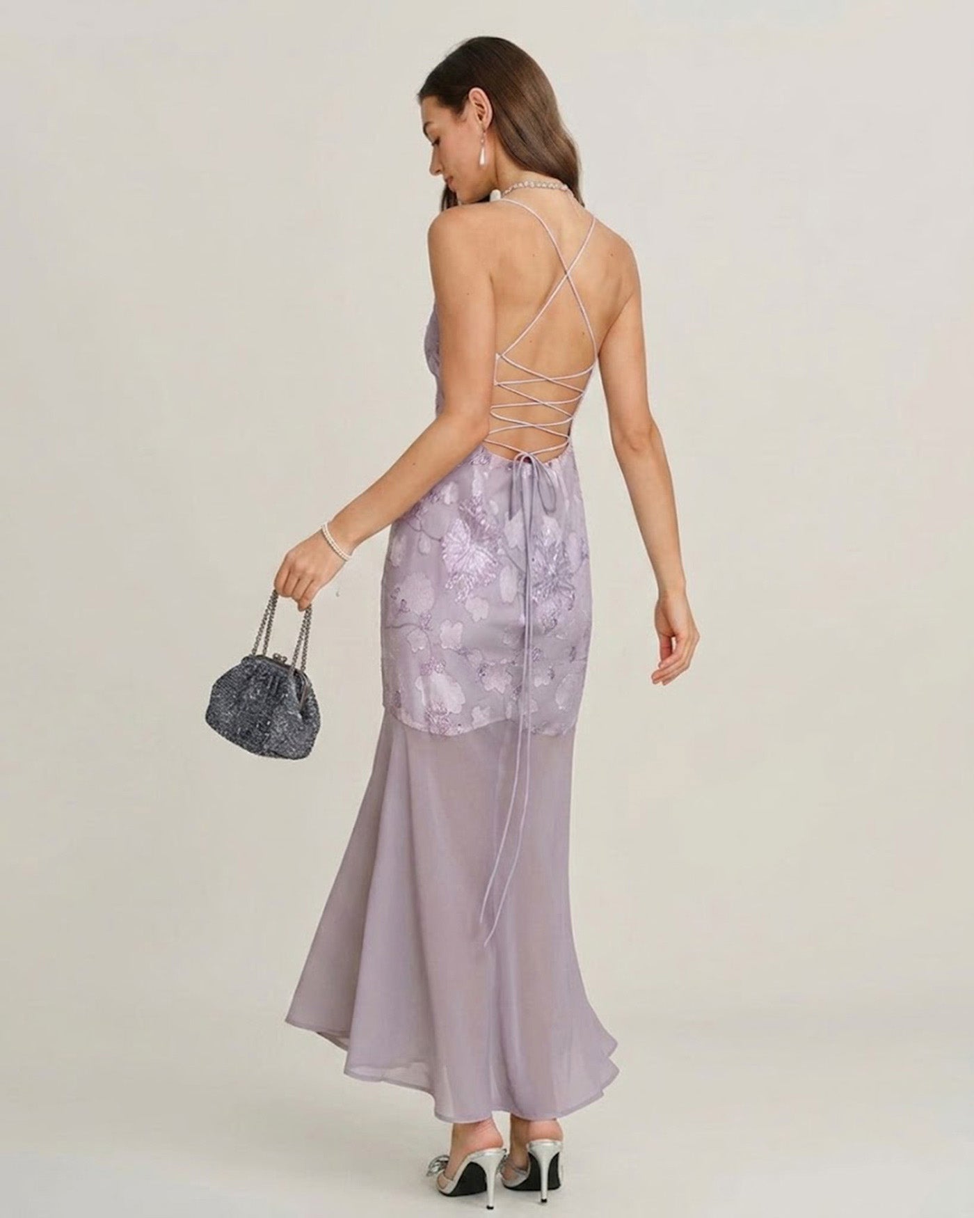 Jacquard Maxi Dress with Purple Sequin Detail
