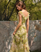 Floral Ruffle Maxi Dress in Green with V-Neck