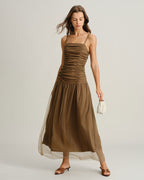 Brown Ruched Mesh Maxi Dress with Slip Design