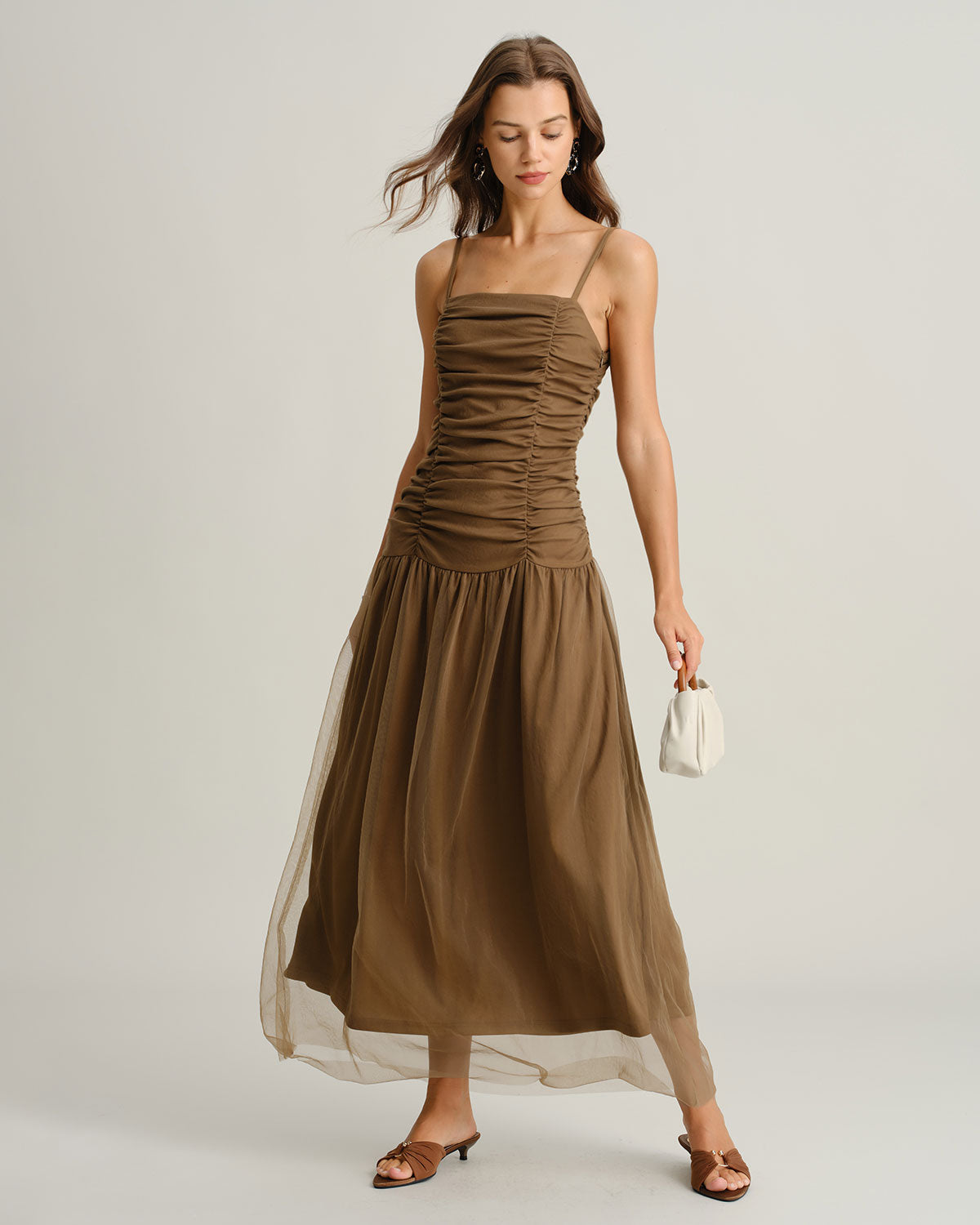 Brown Ruched Mesh Maxi Dress with Slip Design