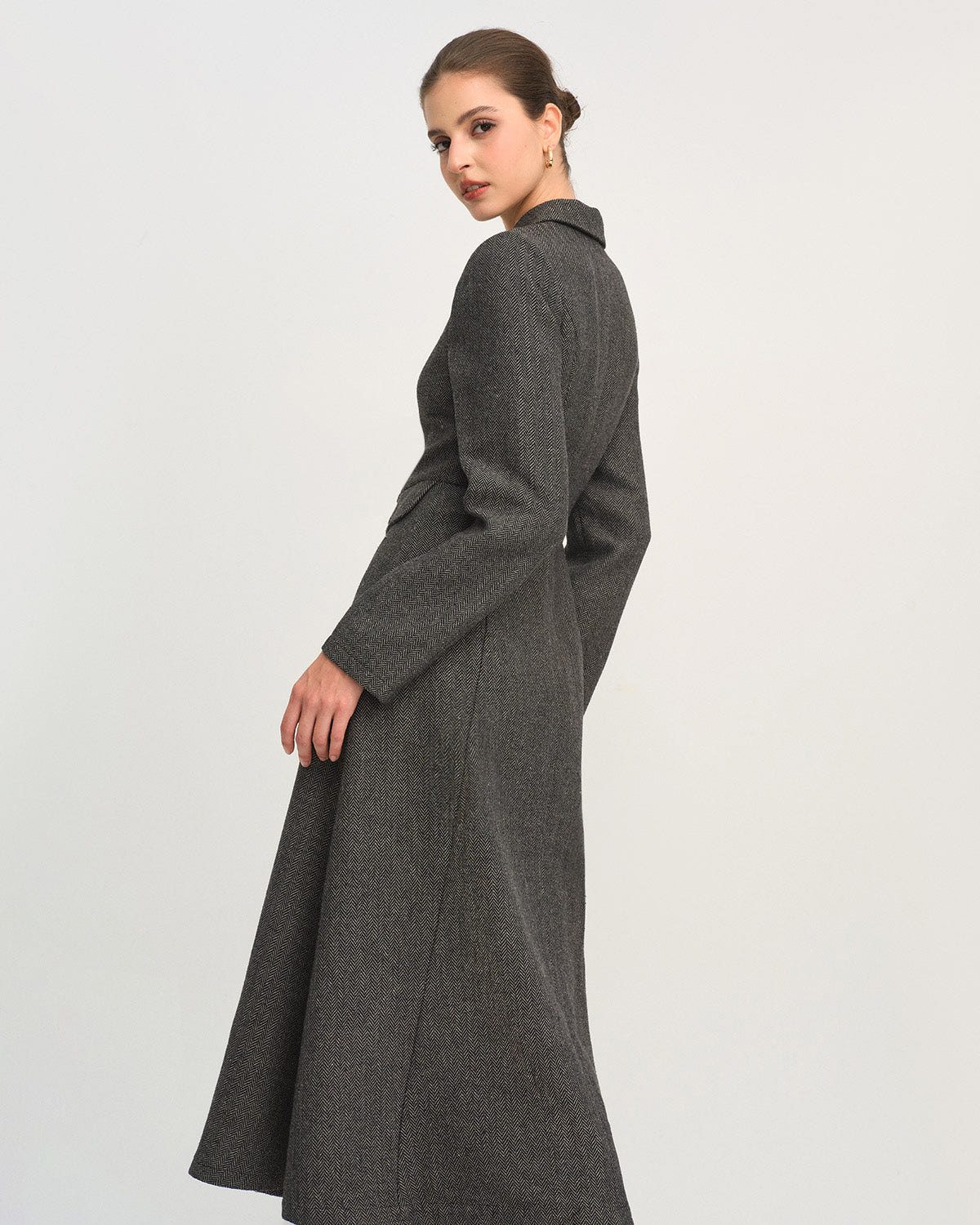 Maxi Dress in Grey with A-Line Silhouette and Button Details