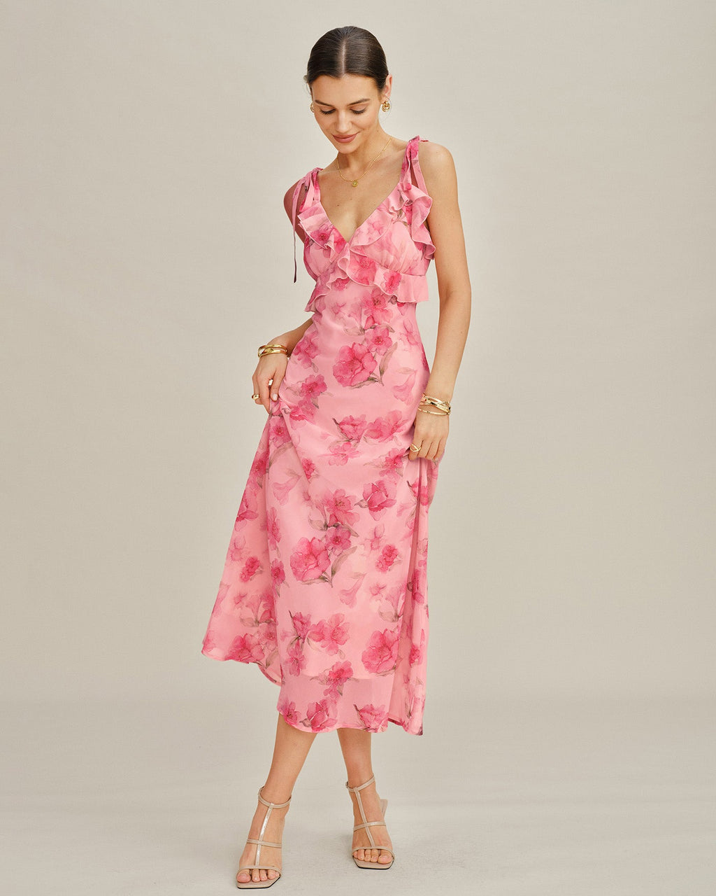 Chiffon Maxi Dress with Pink Floral Ruffles