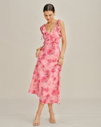 Chiffon Maxi Dress with Pink Floral Ruffles