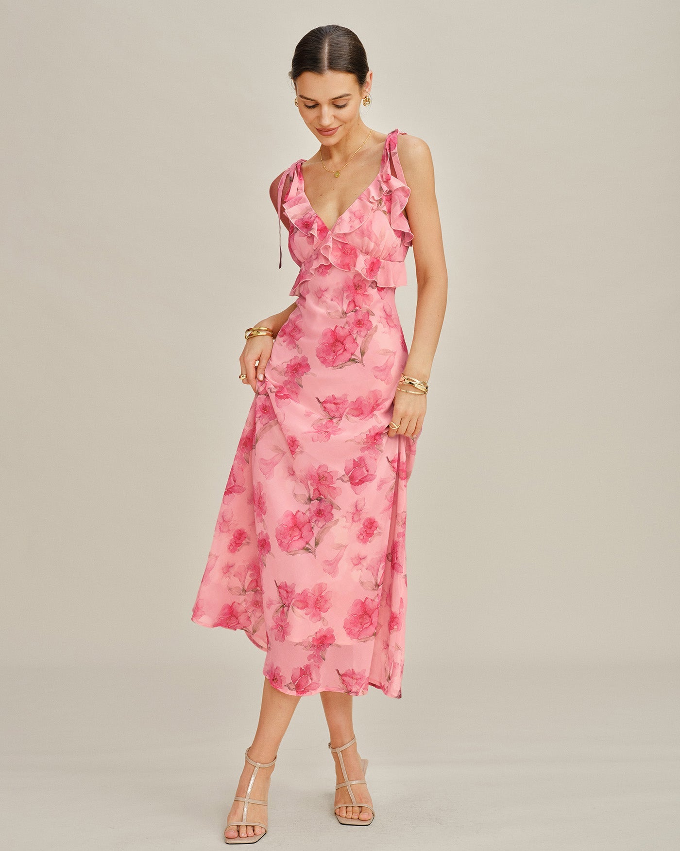 Chiffon Maxi Dress with Pink Floral Ruffles