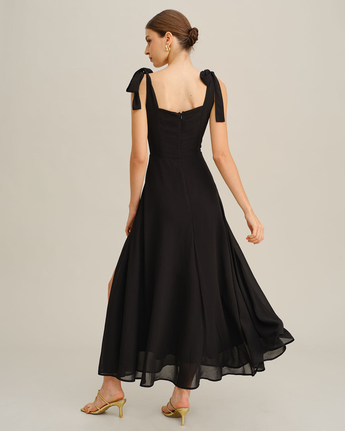 Maxi Dress with Tie Straps in Black Chiffon