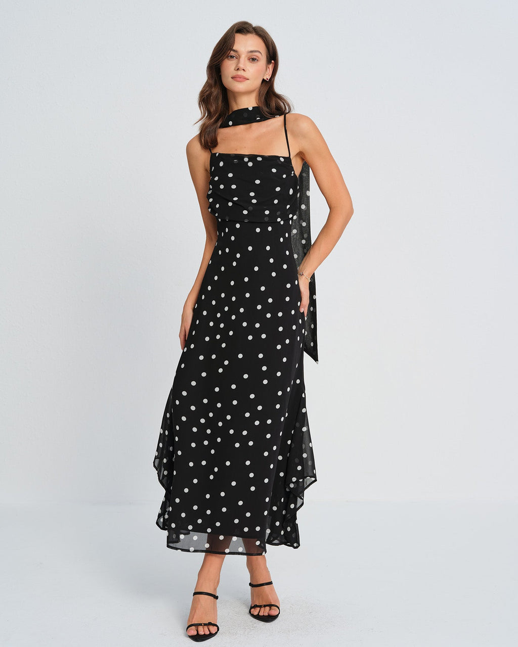 Maxi Dress with Black Polka Dots and Slip Design