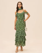 Floral Maxi Dress with Ruffled V-Neck in Green
