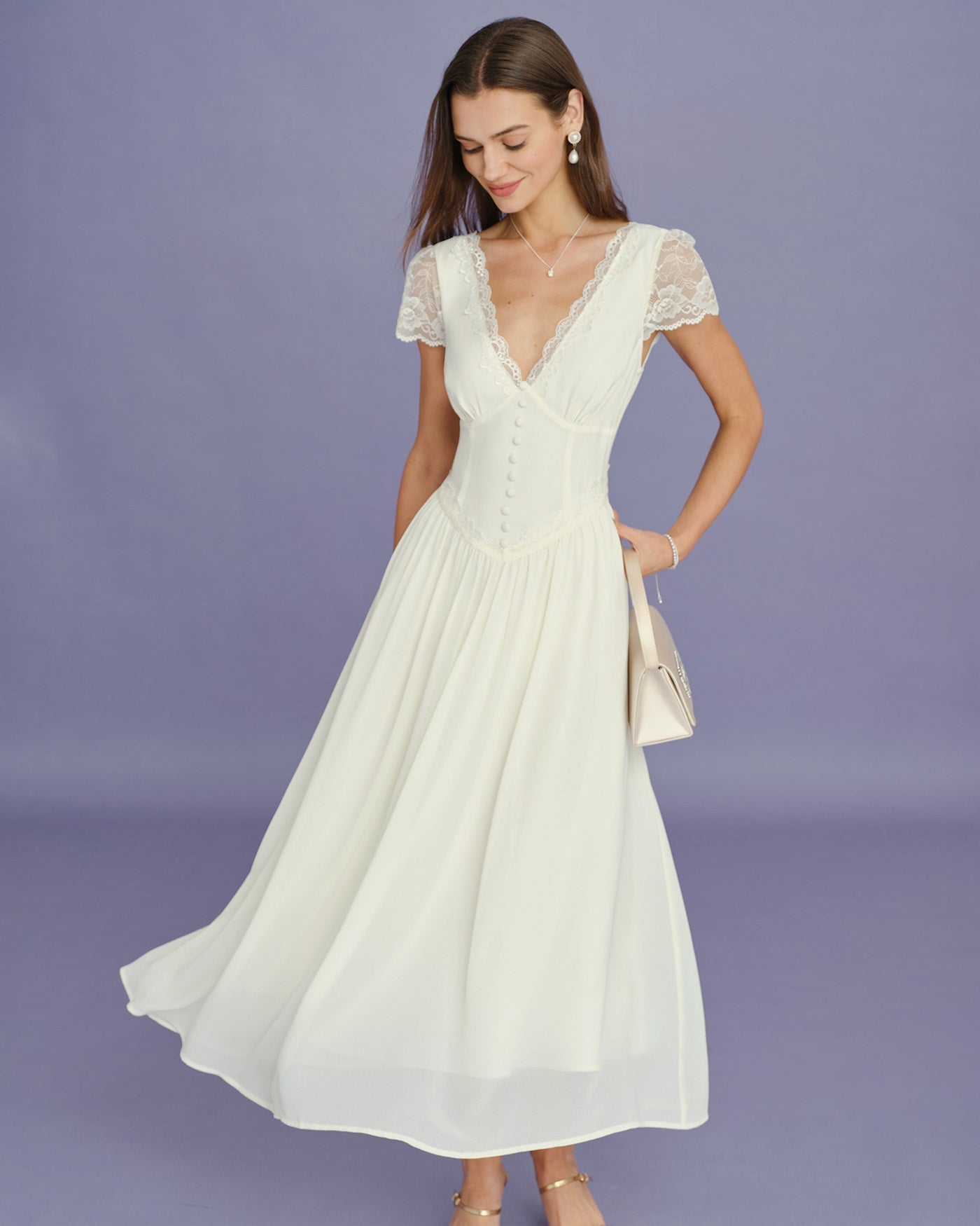Maxi Dress with Apricot V-Neck and Lace Accents