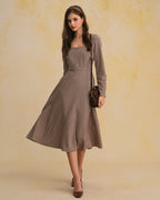 Brown Gingham Maxi Dress with Square Neck and Belt