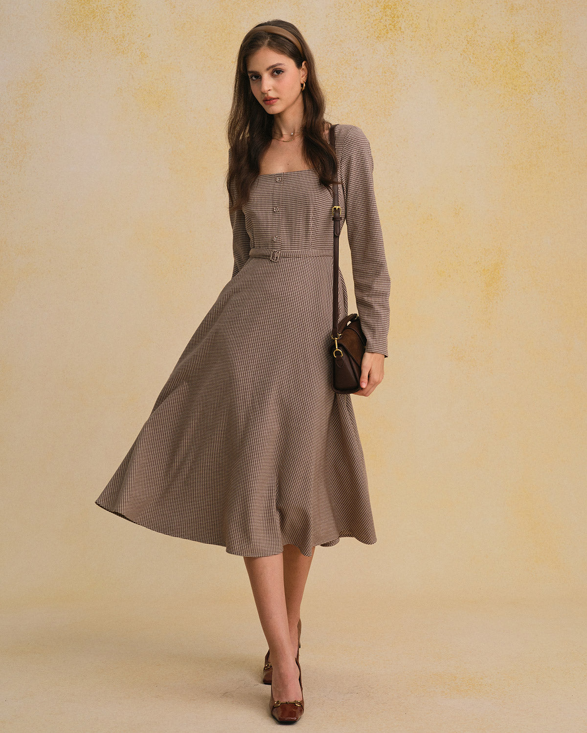 Brown Gingham Maxi Dress with Square Neck and Belt