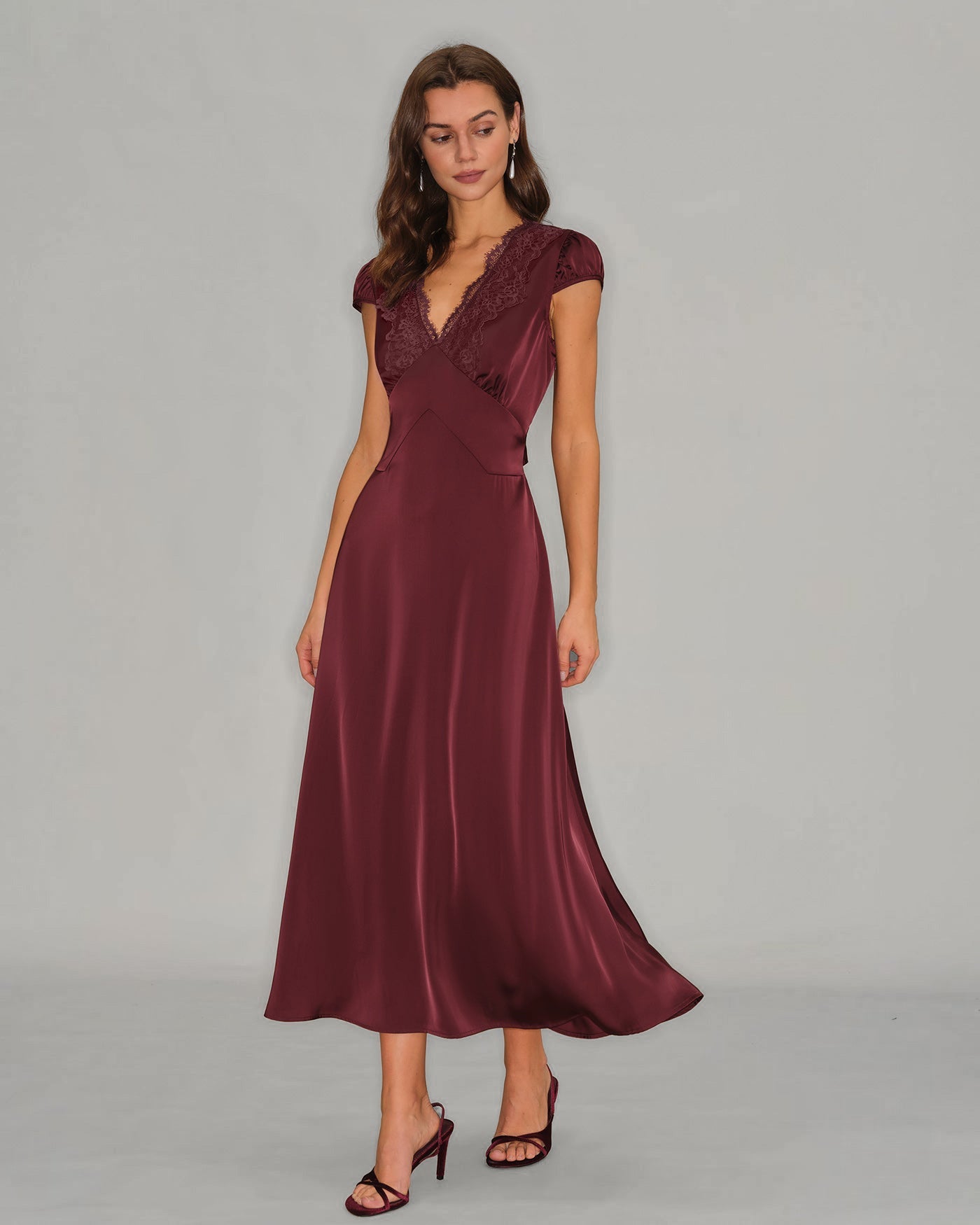 V-Neck Lace Maxi Dress in Wine Red