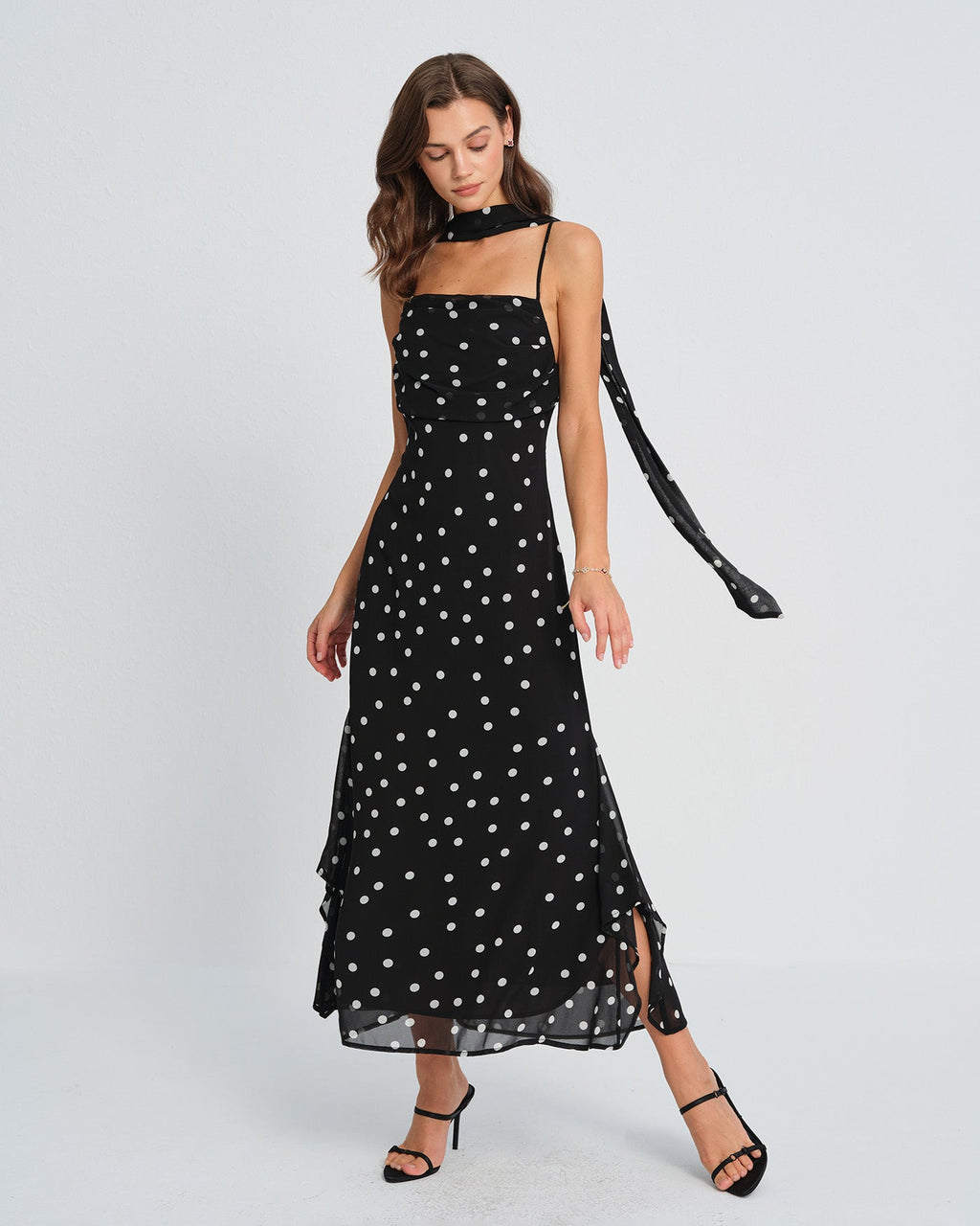 Maxi Dress with Black Polka Dots and Slip Design
